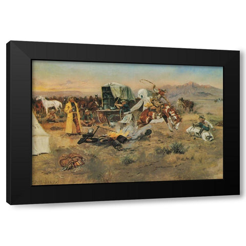 Bronc in Cow Camp Black Modern Wood Framed Art Print with Double Matting by Russell, Charles Marion