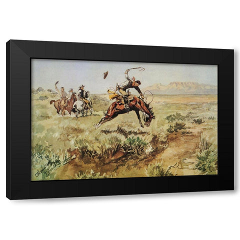 Bronco Busting Black Modern Wood Framed Art Print by Russell, Charles Marion