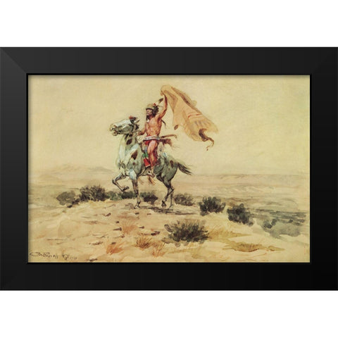 Indian Signaling Black Modern Wood Framed Art Print by Russell, Charles Marion