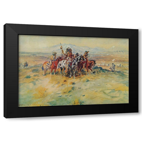 Intercepted Wagon Train Black Modern Wood Framed Art Print with Double Matting by Russell, Charles Marion