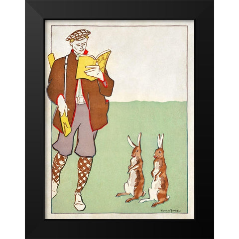 Man reading a book with Hares Black Modern Wood Framed Art Print by Penfield, Edward