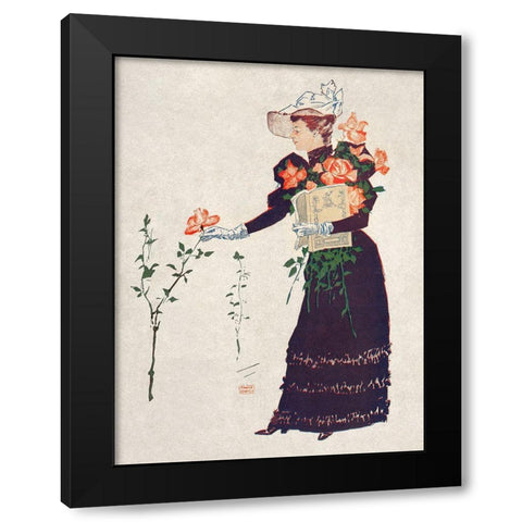 Woman Picking up Flowers Black Modern Wood Framed Art Print with Double Matting by Penfield, Edward