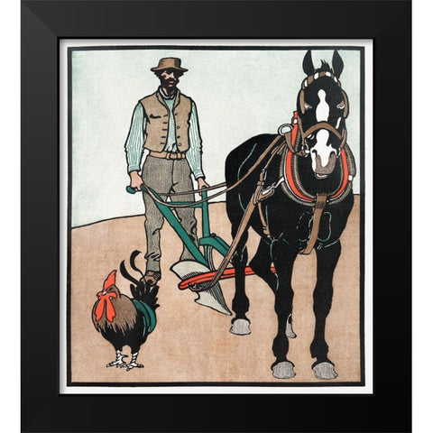 Man with Rooster and Horse Black Modern Wood Framed Art Print by Penfield, Edward