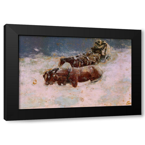 A Snowbound Christmas on the Overland Coach Black Modern Wood Framed Art Print by Remington, Frederic