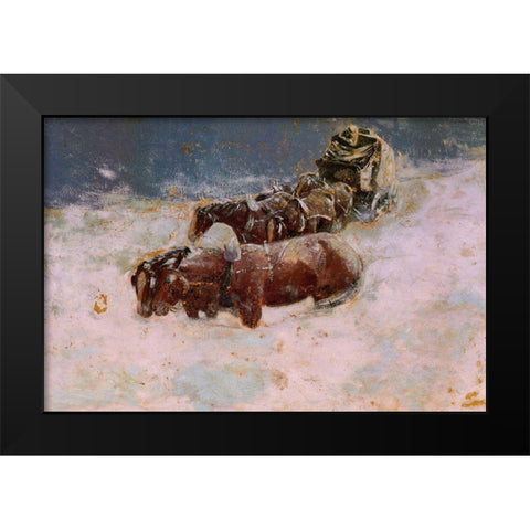 A Snowbound Christmas on the Overland Coach Black Modern Wood Framed Art Print by Remington, Frederic