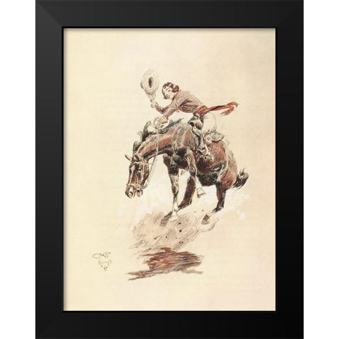 Bucking Horse and Cowgirl Black Modern Wood Framed Art Print by Russell, Charles Marion
