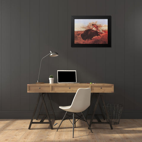 Buffalo Hunting Black Modern Wood Framed Art Print by Russell, Charles Marion