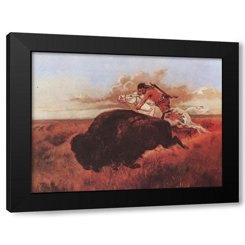 Buffalo Hunting Black Modern Wood Framed Art Print by Russell, Charles Marion