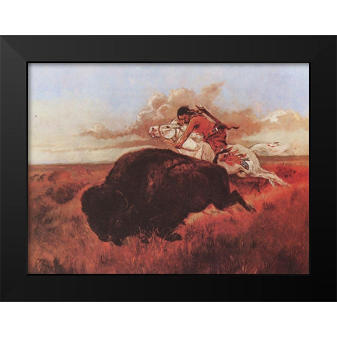 Buffalo Hunting Black Modern Wood Framed Art Print by Russell, Charles Marion