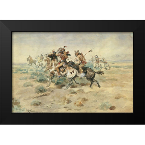 Indian Fight Black Modern Wood Framed Art Print by Russell, Charles Marion