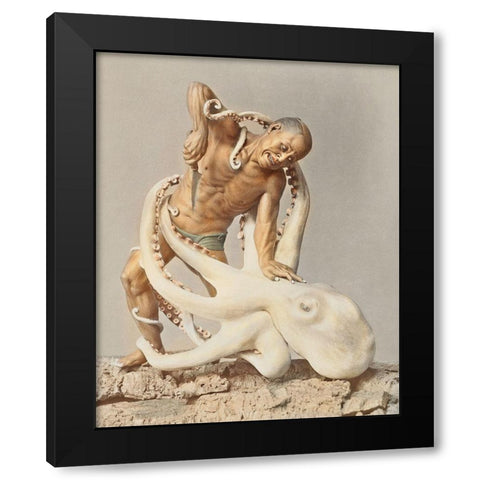 Wood Carving Man and Octopus Black Modern Wood Framed Art Print with Double Matting by Kazumasa, Ogawa