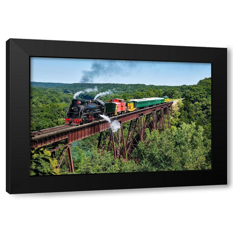 A steam train crosses the 156-foot-tall Bass Point Creek Bridge-Iowa Black Modern Wood Framed Art Print with Double Matting by Highsmith, Carol
