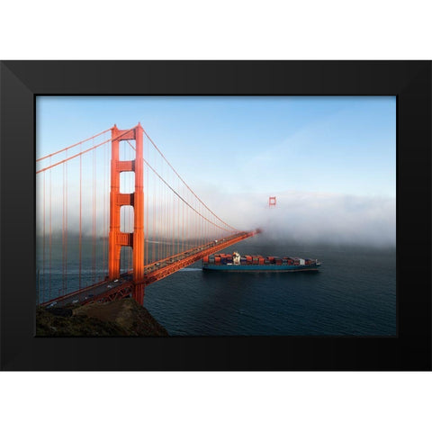 Fog rolls across the Golden Gate Bridge in San Francisco  Black Modern Wood Framed Art Print by Highsmith, Carol
