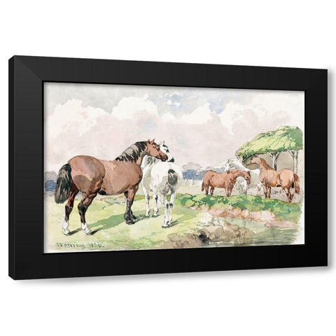 Five Horses near a Brook Black Modern Wood Framed Art Print by Herring, John Frederick