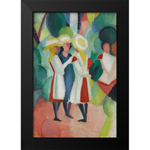 Three girls in yellow straw hats Black Modern Wood Framed Art Print by Macke, August