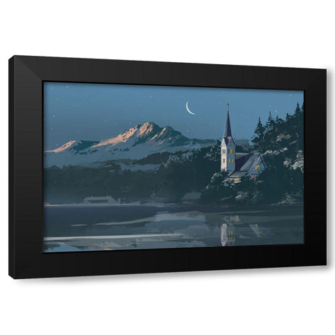 Winter Church Black Modern Wood Framed Art Print by East Coast Licensing