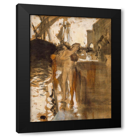 The Balcony-Spain and Two Nude Bathers Standing on a Wharf Black Modern Wood Framed Art Print by Sargent, John Singer