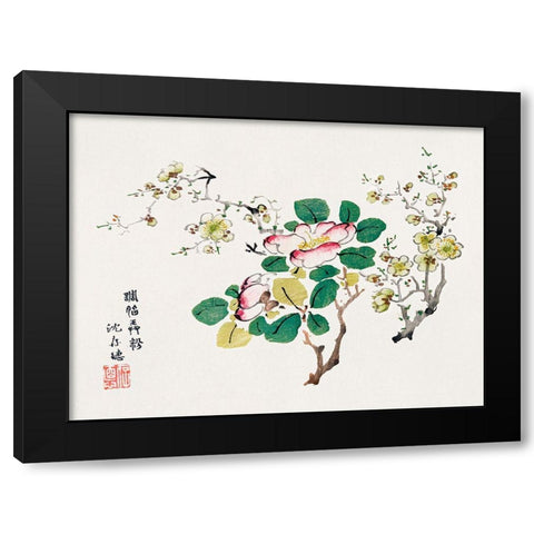 Page from Shi Zhu Zhai Pink Blossoms Black Modern Wood Framed Art Print by Zhengyan, Hu
