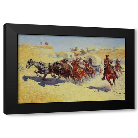 Attack on the Supply Wagons Black Modern Wood Framed Art Print by Remington, Frederic