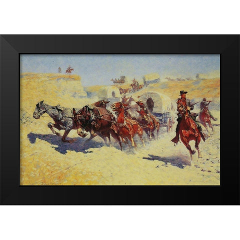 Attack on the Supply Wagons Black Modern Wood Framed Art Print by Remington, Frederic