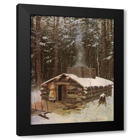 Cabin in the Woods Black Modern Wood Framed Art Print with Double Matting by Remington, Frederic