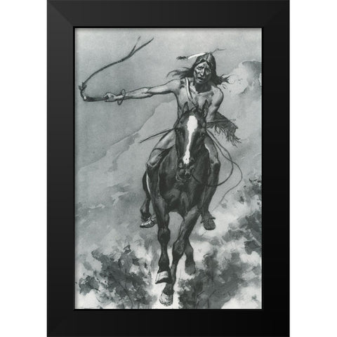 Indian Riding Down a Hill Black Modern Wood Framed Art Print by Remington, Frederic