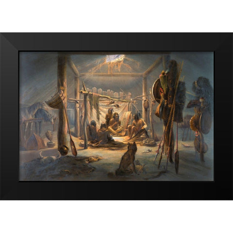 The Interior of the Hut of a Mandan Chief Black Modern Wood Framed Art Print by Bodmer, Karl