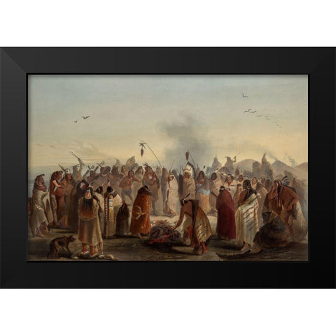 Scalp dance of the Minatarres Indians Black Modern Wood Framed Art Print by Bodmer, Karl