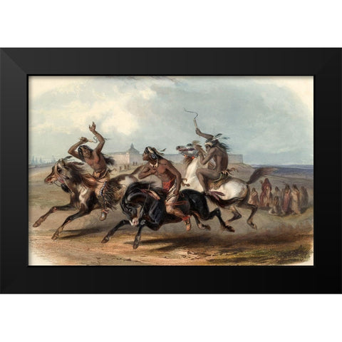 Horse racing of the Sioux indians Black Modern Wood Framed Art Print by Bodmer, Karl