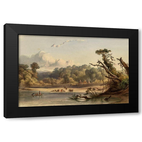 Punca Indians encamped on the banks of the Missouri Black Modern Wood Framed Art Print with Double Matting by Bodmer, Karl
