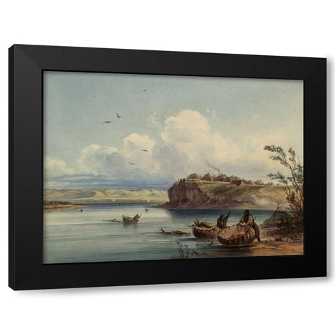A Mandan village Black Modern Wood Framed Art Print with Double Matting by Bodmer, Karl