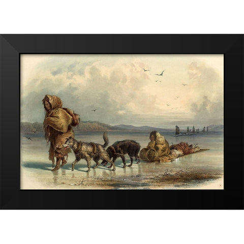 Dog sledges of the Mandan indians Black Modern Wood Framed Art Print by Bodmer, Karl