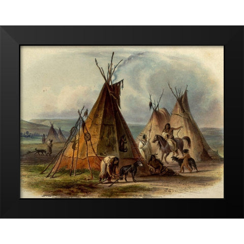 A skin lodge of the Assiniboin Indian chief Black Modern Wood Framed Art Print by Bodmer, Karl