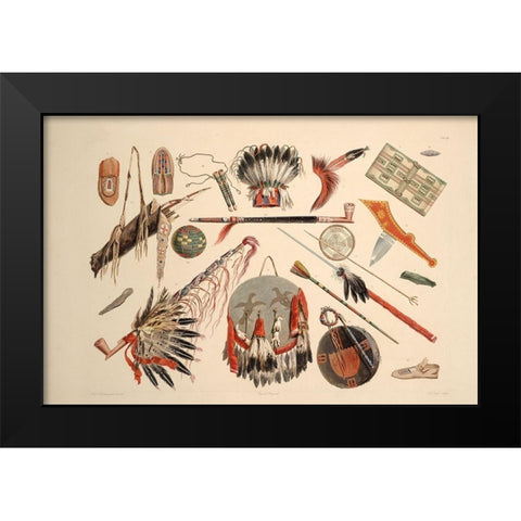 Indian utensils and arms Black Modern Wood Framed Art Print by Bodmer, Karl