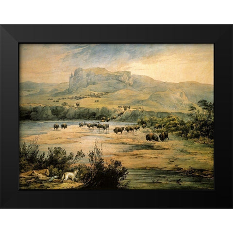 Landscape with buffalo on the upper Missouri Black Modern Wood Framed Art Print by Bodmer, Karl