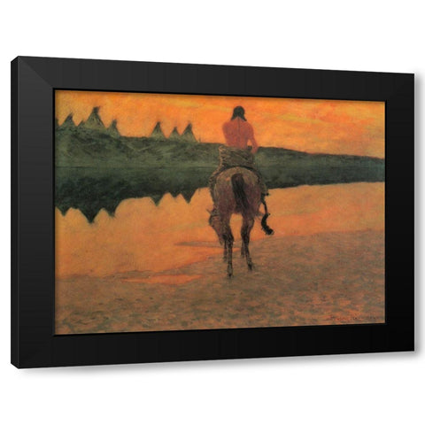 Indian-Horse-and Village Black Modern Wood Framed Art Print with Double Matting by Remington, Frederic