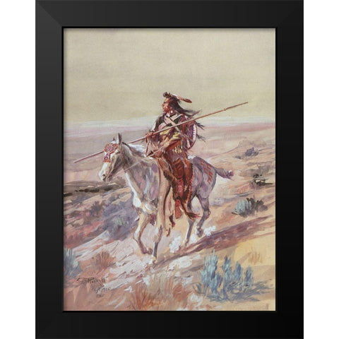 Indian with Spear Black Modern Wood Framed Art Print by Russell, Charles Marion