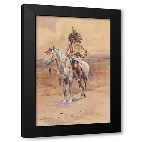 Mandan Warrior Black Modern Wood Framed Art Print with Double Matting by Russell, Charles Marion