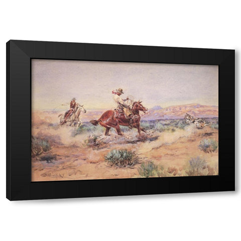 Roping a Wolf by the neck Black Modern Wood Framed Art Print by Russell, Charles Marion