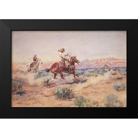 Roping a Wolf by the neck Black Modern Wood Framed Art Print by Russell, Charles Marion