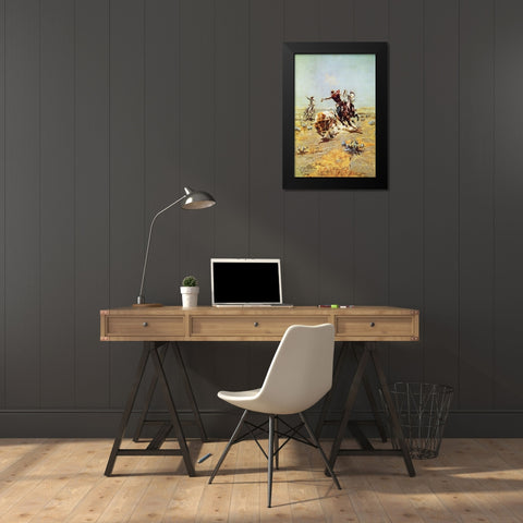 Cowboy Roping a Steer Black Modern Wood Framed Art Print by Russell, Charles Marion