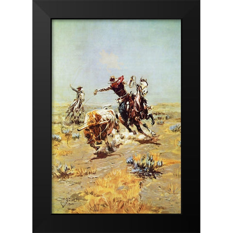 Cowboy Roping a Steer Black Modern Wood Framed Art Print by Russell, Charles Marion