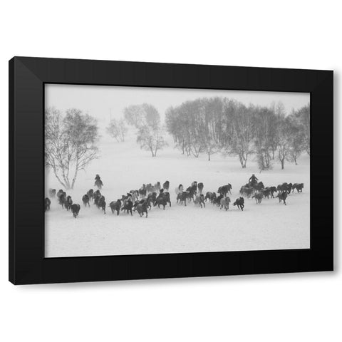 Winter Round Up Black Modern Wood Framed Art Print by The Yellowstone Collection