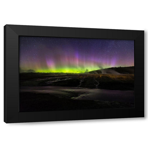 Aurora borealis III, Upper Geyser Basin, Yellowstone National Park Black Modern Wood Framed Art Print with Double Matting by The Yellowstone Collection
