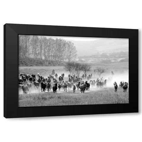 Bringing in the Horse Herd Black Modern Wood Framed Art Print with Double Matting by The Yellowstone Collection