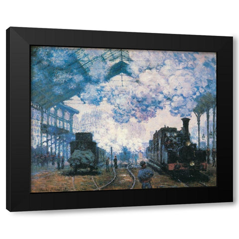 La Gare St. Lazare trains 1877 Black Modern Wood Framed Art Print by Monet, Claude