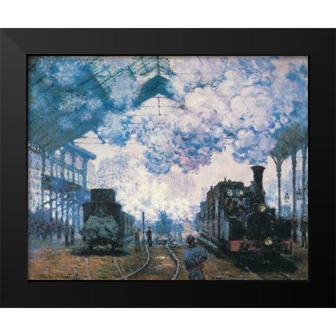 La Gare St. Lazare trains 1877 Black Modern Wood Framed Art Print by Monet, Claude