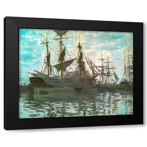 Ships in a harbour 1873 Black Modern Wood Framed Art Print by Monet, Claude