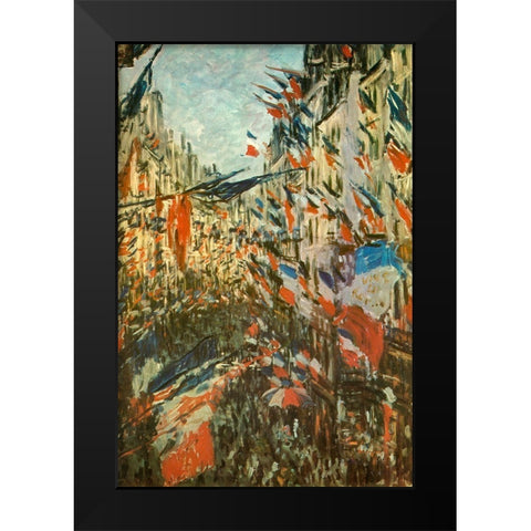 The Rue Montorgeuil with flags 1878 Black Modern Wood Framed Art Print by Monet, Claude