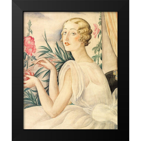 A woman in white sitting by a window Black Modern Wood Framed Art Print by Wegener, Gerda